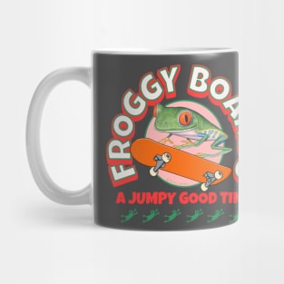 Funny and Cute Flying Frogs with a Red Eyed Tree Frog riding a  skateboard having a jumpy good time tee Mug